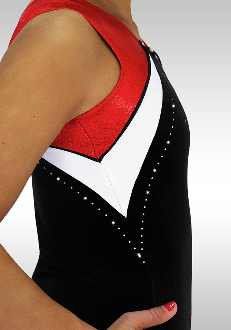 Turnanzug Ärmellos schwarz Samt rot Wetlook Glitzer Strass K723